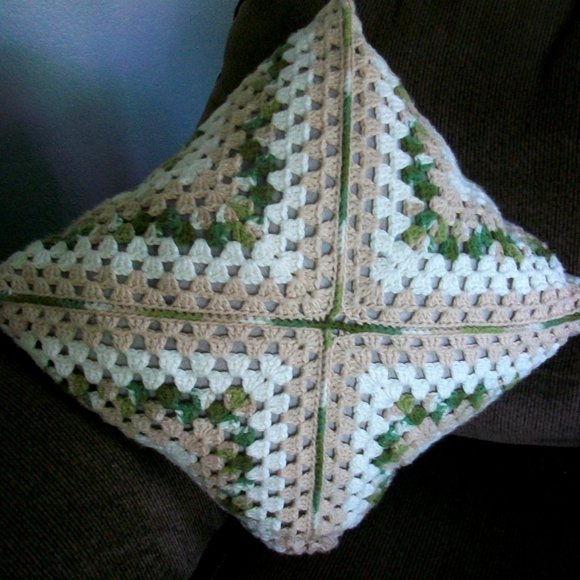 Crochet Granny Square Decorative Throw Pillow Cream Green Beige - Picture 1 of 5